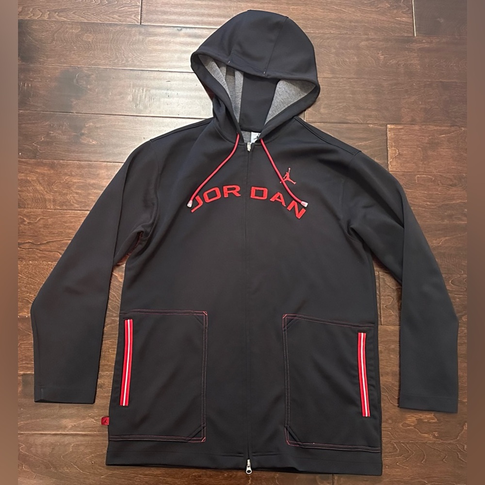 Vintage Men’s Jordan Spell-out Black/Red Full Zip Fleece Hooded Jacket- Size XL